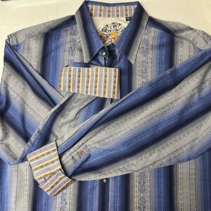 Robert Graham Flip Cuff Button Down Men’s XL Stripe Blue Gray Pattern Cotton